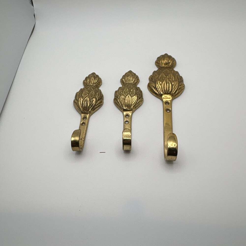 Set of 3 Vintage Solid Brass Pineapple Wall Hooks